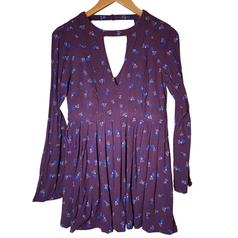 Free People Tegan Mini Dress Size 8 Purple Long Sleeve Cut Outs Floral Boho